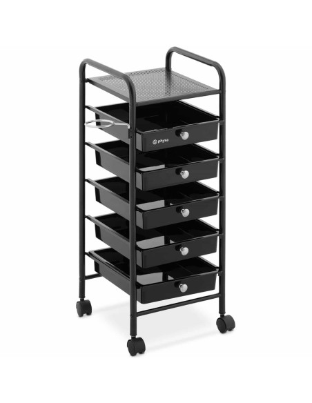 Kirpyklos pagalbinis vežimėlis su džiovintuvo laikikliu 5 stalčių lentyna 330 x 320 mm Kirpyklos pagalbinis vežimėlis su džiovintuvo laikikliu 5 stalčių lentyna 330 x 320 mm