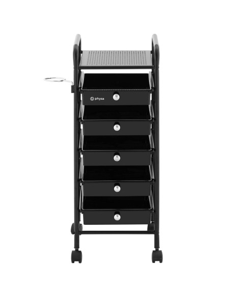 Kirpyklos pagalbinis vežimėlis su džiovintuvo laikikliu 5 stalčių lentyna 330 x 320 mm Kirpyklos pagalbinis vežimėlis su džiovintuvo laikikliu 5 stalčių lentyna 330 x 320 mm