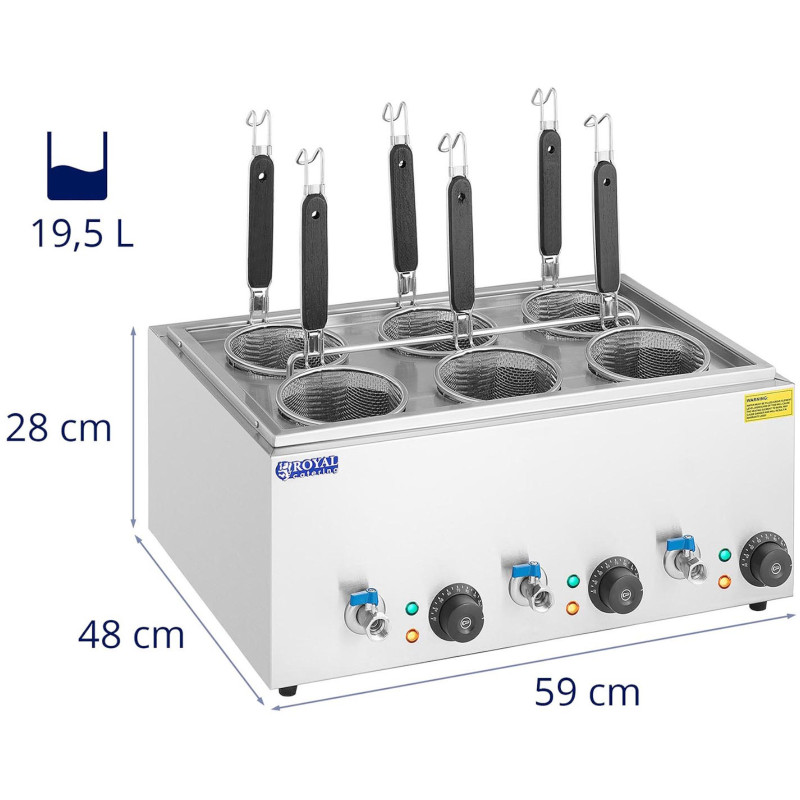 Makaronų gaminimo makaronų viryklė su čiaupais 6 krepšeliai 3 x 6,5 l 3000 W