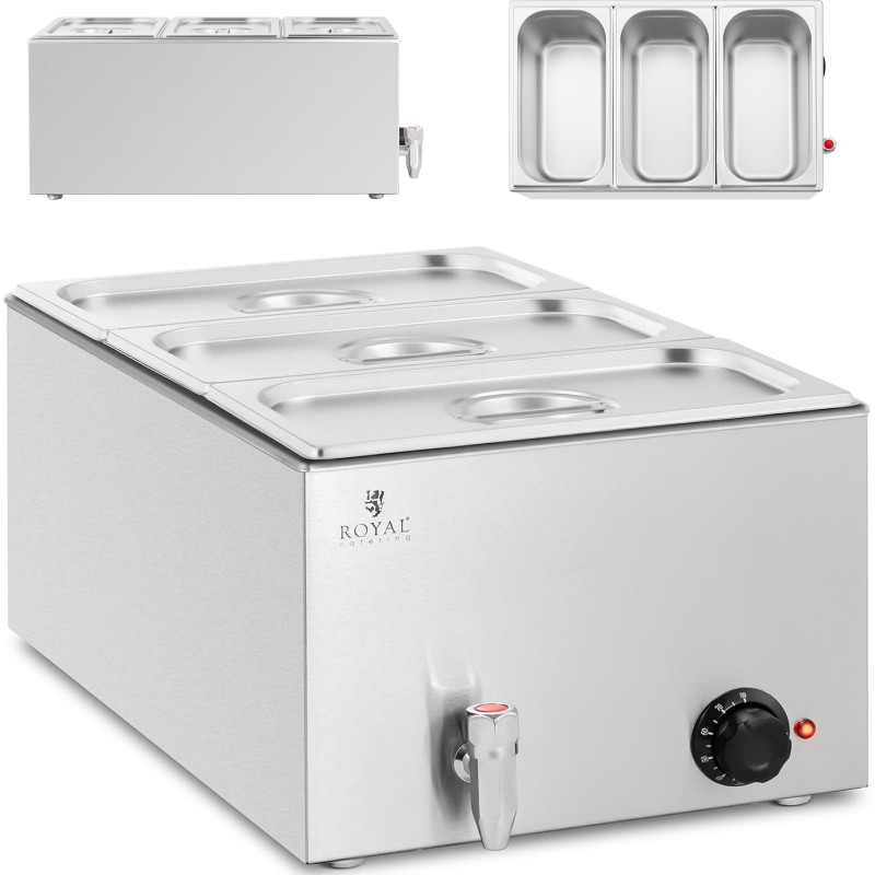 Bain marie elektrinis šildytuvas su čiaupu 3 x GN 1/3 600 W Bain marie elektrinis šildytuvas su čiaupu 3 x GN 1/3 600 W