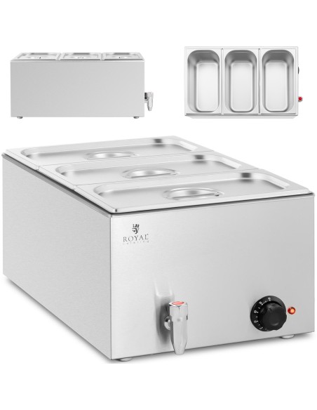 Bain marie elektrinis šildytuvas su čiaupu 3 x GN 1/3 600 W Bain marie elektrinis šildytuvas su čiaupu 3 x GN 1/3 600 W