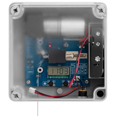 Automatinis vištidės durų atvartas su šviesos jutikliu, akumuliatoriumi ir maitinamas iš tinklo LCD Automatinis vištidės durų atvartas su šviesos jutikliu, akumuliatoriumi ir maitinamas iš tinklo LCD