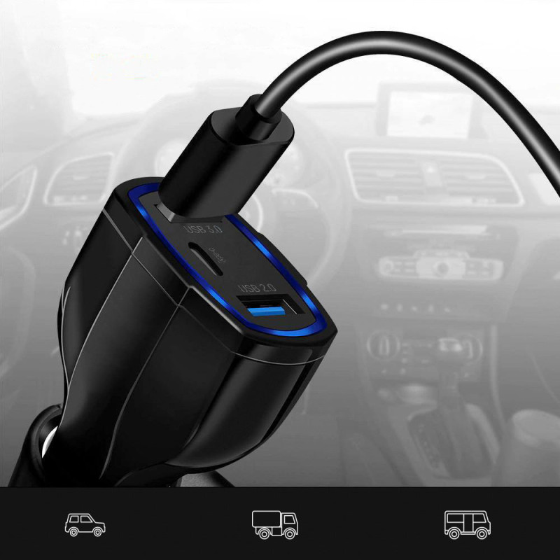 Automobilinis pakrovėjas 2xUSB ir USB C juodas