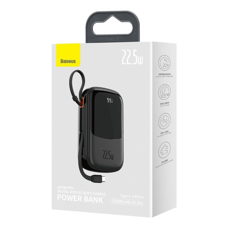 Maitinimo bankas su greitu įkrovimu 20000mAh 22,5W QC-PD-SCP-FCP USB-C kabelis juodas