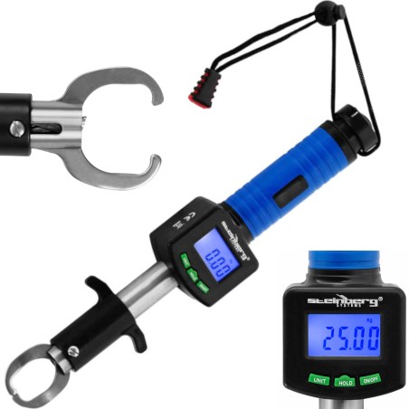 Žvejybos svarstyklės žuvims su griebtuvu, termometru ir 1 m matmenimis iki 25 kg LCD Žvejybos svarstyklės žuvims su griebtuvu, termometru ir 1 m matmenimis iki 25 kg LCD