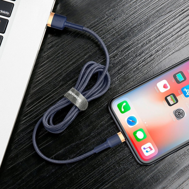Patvarus nailoninis laidas USB laidas Iphone Lightning QC3.0 1.5A 2M mėlynas