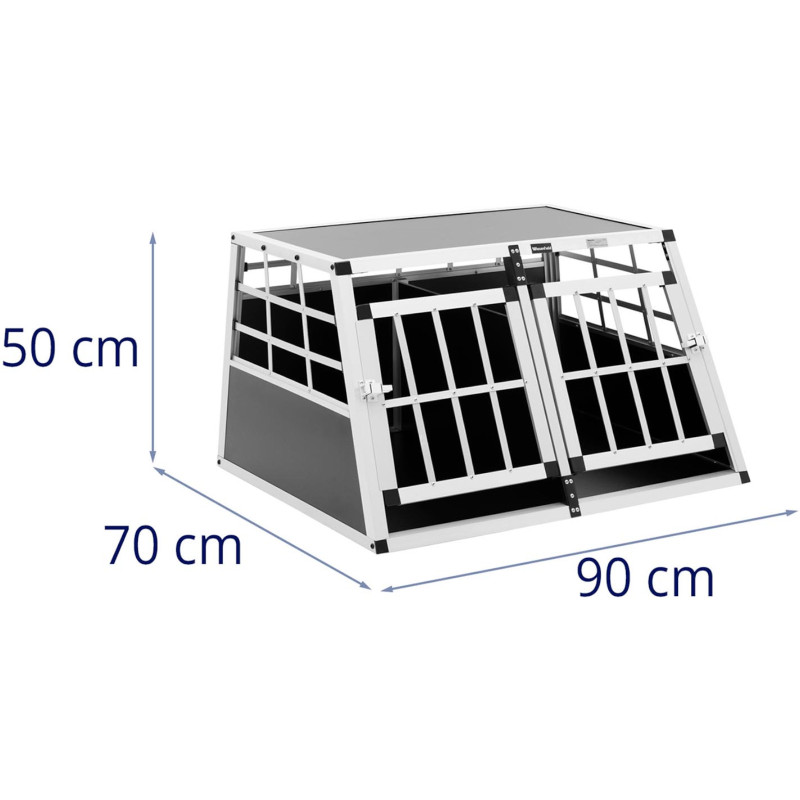 Trapecijos formos metalinis narvas šunims vežti su pertvara 70 x 90 x 50 cm