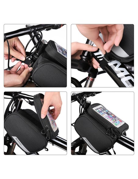 Dviračio rėmo krepšys + nuimamas telefono maišelis iki 6,5" 1,5l juodas