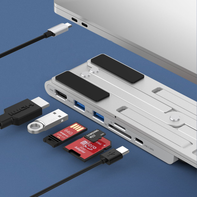 Stovas nešiojamam kompiuteriui PD USB-C HDMI 2xUSB-A 1xUSB-C 1xSD 1xTF juodas