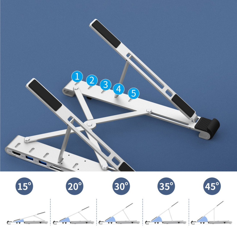 Stovas nešiojamam kompiuteriui PD USB-C HDMI 2xUSB-A 1xUSB-C 1xSD 1xTF juodas