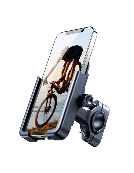Metalinis dviračio telefono laikiklis. juodi motoroleriai