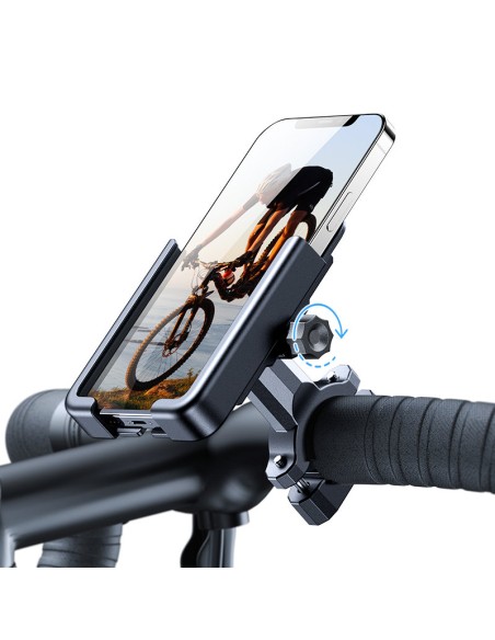 Metalinis dviračio telefono laikiklis. juodi motoroleriai