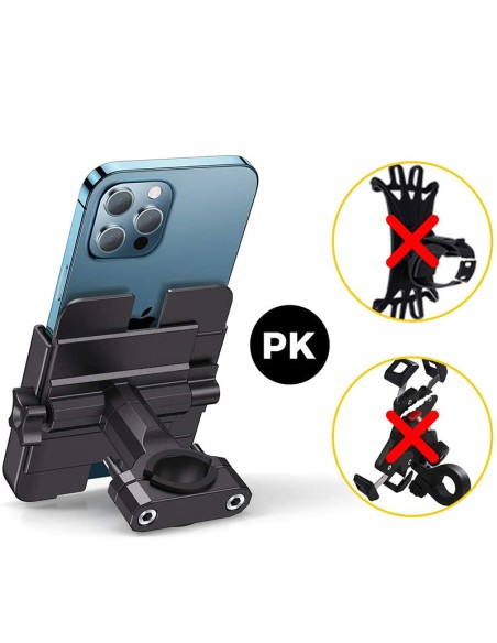 Metalinis dviračio telefono laikiklis. juodi motoroleriai