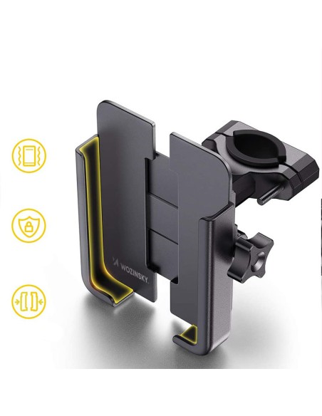 Metalinis dviračio telefono laikiklis. juodi motoroleriai