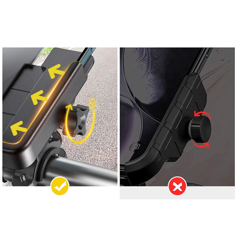 Metalinis dviračio telefono laikiklis. juodi motoroleriai