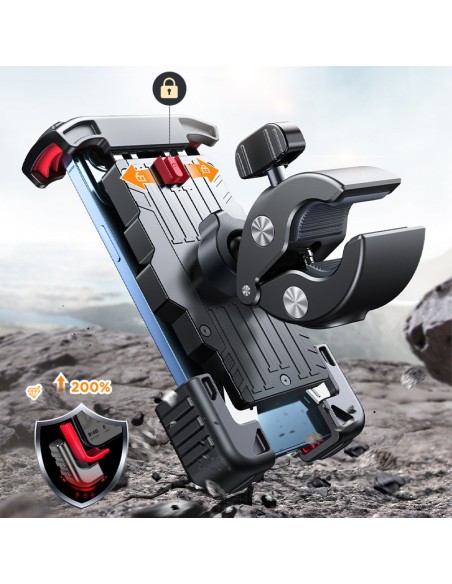 Šarvuotas metalinis telefono / motorolerio / motociklo laikiklis juodas