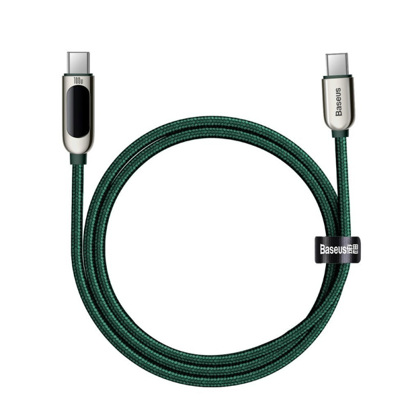 Pintas kabelis USB-C USB-C 100W su galios matuoklio ekranu 1 m žalias