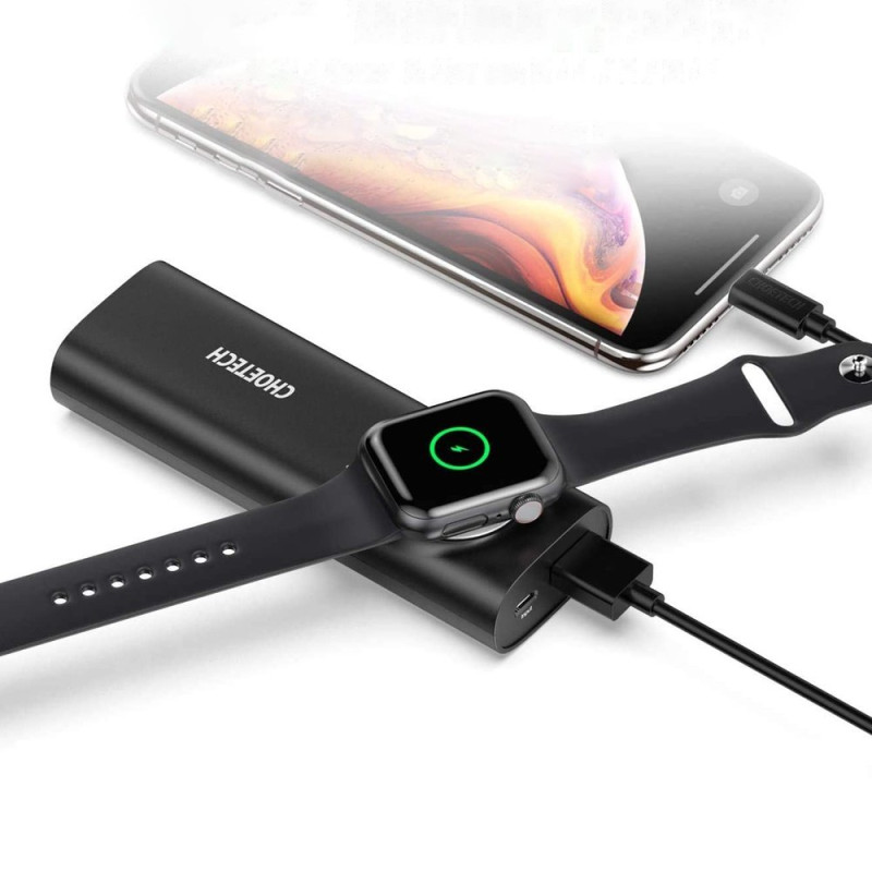 Powerbank 5000mAh USB 2.1A + Qi MFI belaidis įkroviklis Apple Watch juodas
