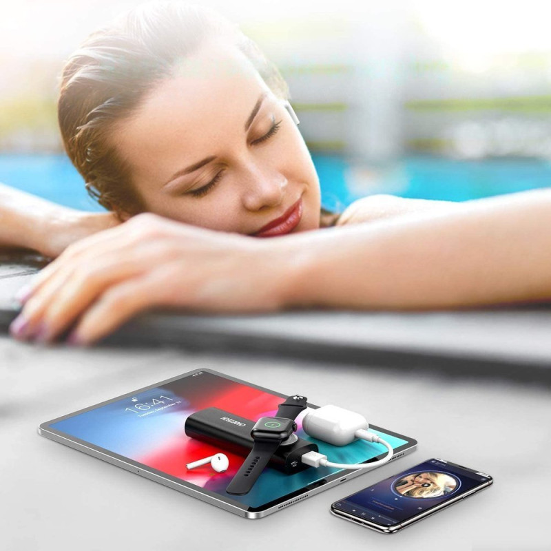 Powerbank 5000mAh USB 2.1A + Qi MFI belaidis įkroviklis Apple Watch juodas
