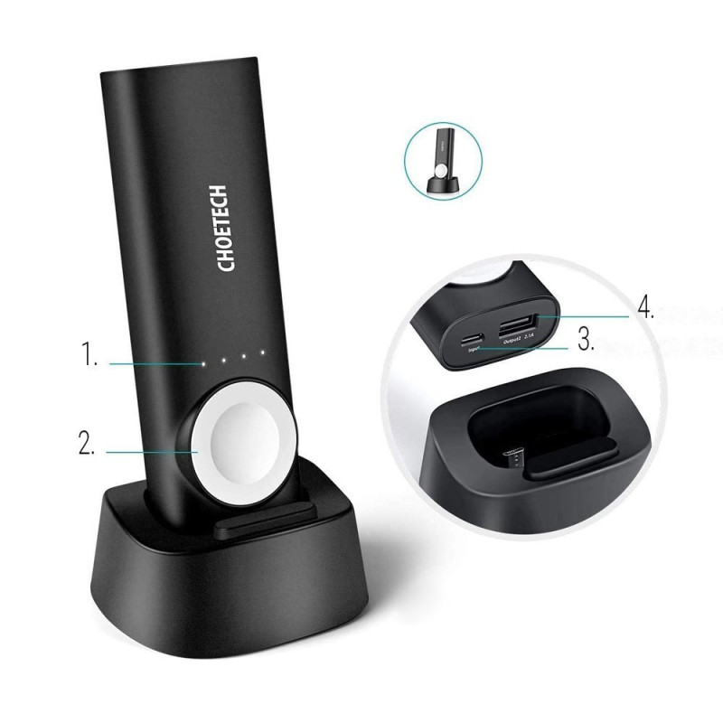 Powerbank 5000mAh USB 2.1A + Qi MFI belaidis įkroviklis Apple Watch juodas