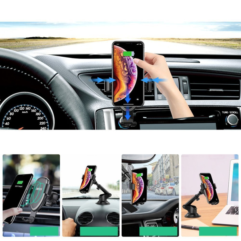10 W Qi belaidis įkroviklis + prietaisų skydelio laikiklis, 1,2 m juodas mikro USB laidas