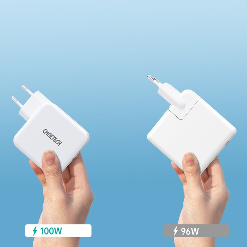 Greitas įkroviklis GaN 2xUSB Type C Power Delivery 3.0 QuickCharge 3.0 AFC 100W balta