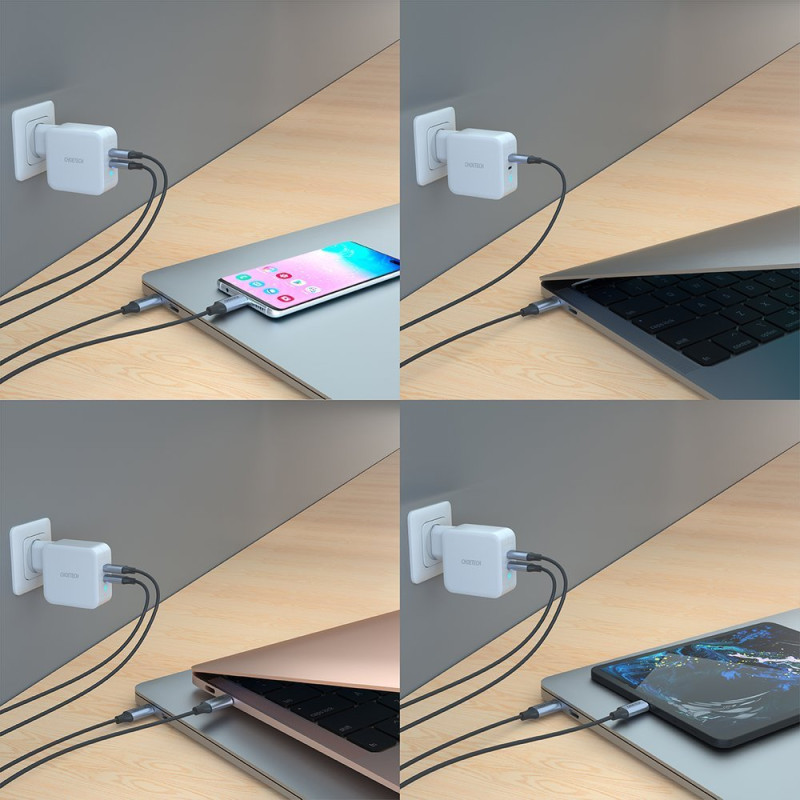 Greitas įkroviklis GaN 2xUSB Type C Power Delivery 3.0 QuickCharge 3.0 AFC 100W balta