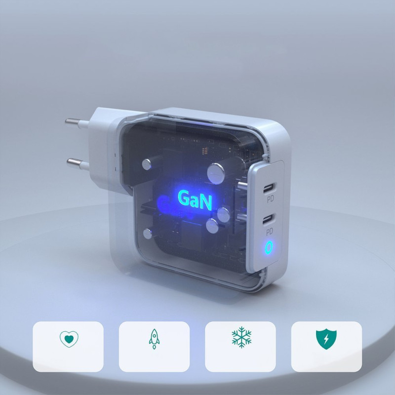 Greitas įkroviklis GaN 2xUSB Type C Power Delivery 3.0 QuickCharge 3.0 AFC 100W balta