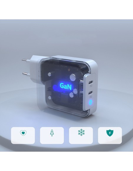 Greitas įkroviklis GaN 2xUSB Type C Power Delivery 3.0 QuickCharge 3.0 AFC 100W balta