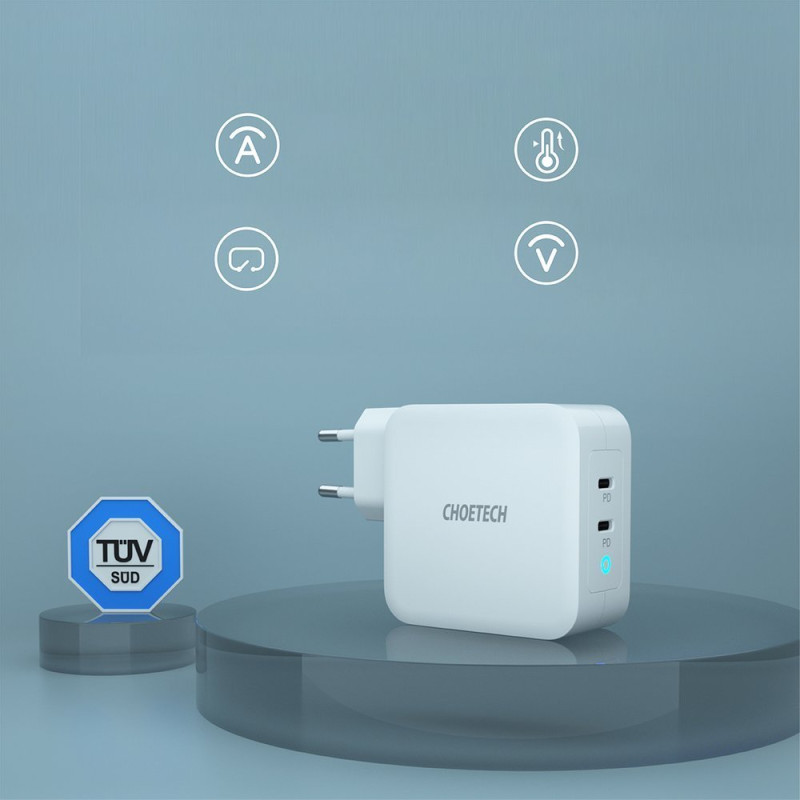 Greitas įkroviklis GaN 2xUSB Type C Power Delivery 3.0 QuickCharge 3.0 AFC 100W balta