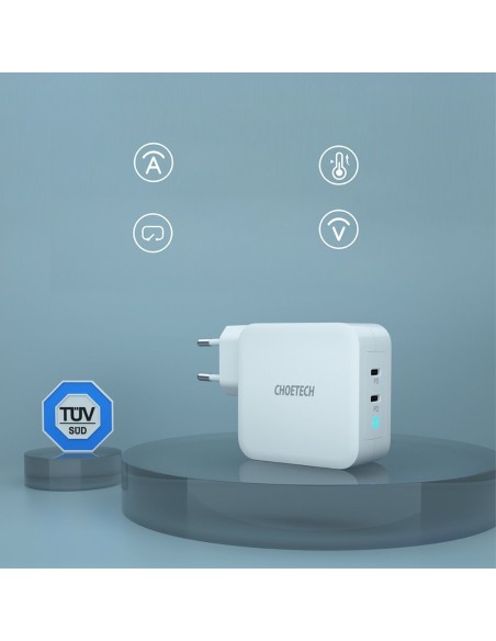 Greitas įkroviklis GaN 2xUSB Type C Power Delivery 3.0 QuickCharge 3.0 AFC 100W balta