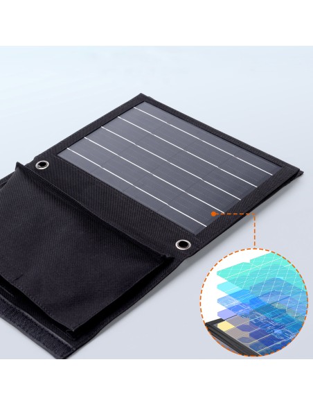 Saulės turistinis įkroviklis 22W 2xUSB atlenkiamas juodas