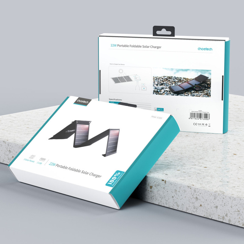 Saulės turistinis įkroviklis 22W 2xUSB atlenkiamas juodas