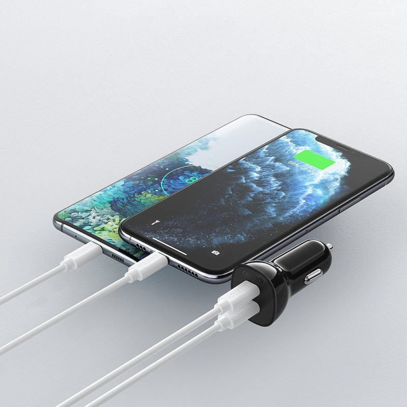 Automobilinis įkroviklis 2xUSB Type C QuickCharge Power Delivery 40W FCP AFC juodas