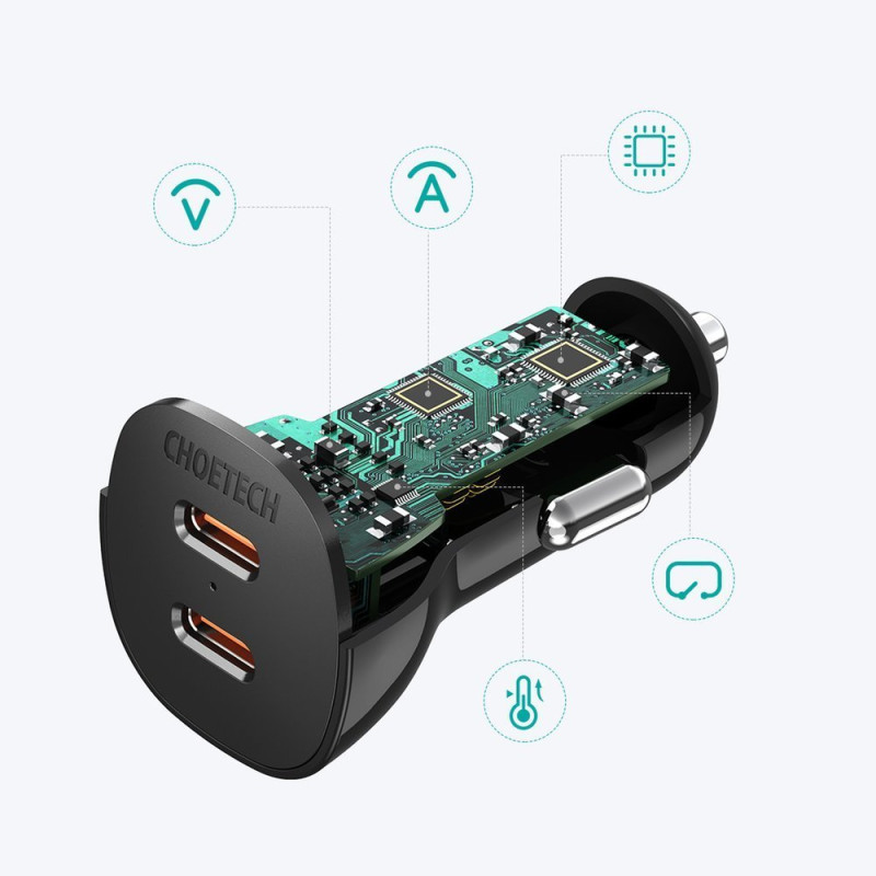 Automobilinis įkroviklis 2xUSB Type C QuickCharge Power Delivery 40W FCP AFC juodas