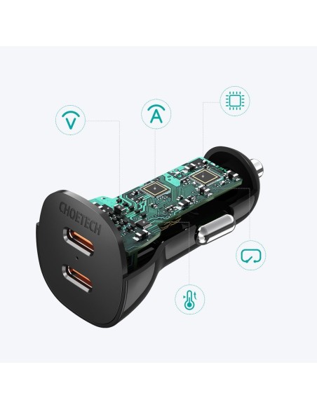 Automobilinis įkroviklis 2xUSB Type C QuickCharge Power Delivery 40W FCP AFC juodas Automobilinis įkroviklis 2xUSB Type C QuickCharge Power Delivery 40W FCP AFC juodas