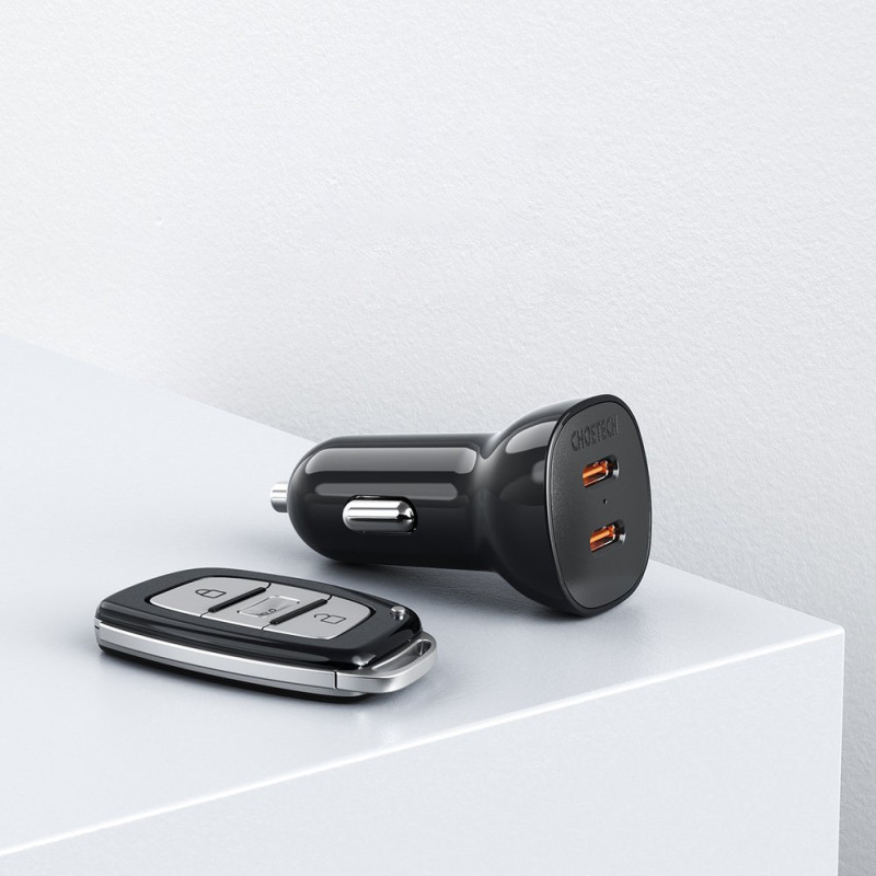 Automobilinis įkroviklis 2xUSB Type C QuickCharge Power Delivery 40W FCP AFC juodas