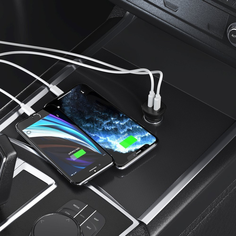Automobilinis įkroviklis 2xUSB Type C QuickCharge Power Delivery 40W FCP AFC juodas