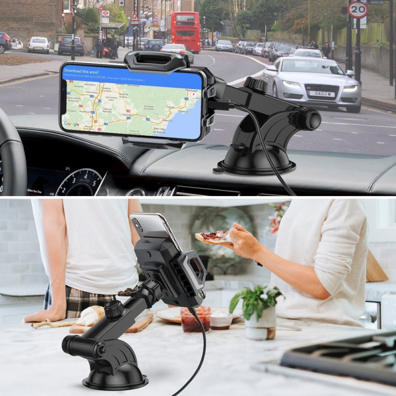 10W Qi belaidis įkroviklis + prietaisų skydelio automobilinis laikiklis juodas