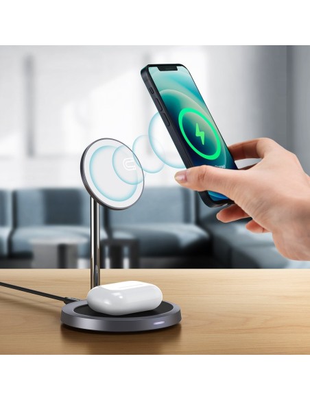 Magnetinis laikiklis + Qi 15W belaidis įkroviklis ir 20W tinklinis įkroviklis pilkos spalvos Magnetinis laikiklis + Qi 15W belaidis įkroviklis ir 20W tinklinis įkroviklis pilkos spalvos