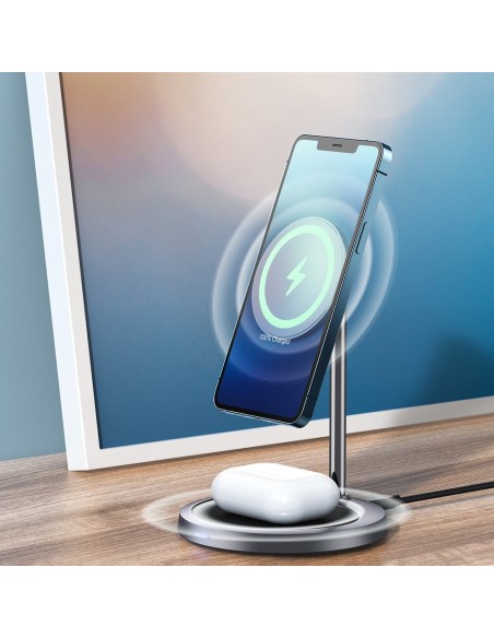Magnetinis laikiklis + Qi 15W belaidis įkroviklis ir 20W tinklinis įkroviklis pilkos spalvos Magnetinis laikiklis + Qi 15W belaidis įkroviklis ir 20W tinklinis įkroviklis pilkos spalvos