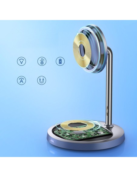 Magnetinis laikiklis + Qi 15W belaidis įkroviklis ir 20W tinklinis įkroviklis pilkos spalvos Magnetinis laikiklis + Qi 15W belaidis įkroviklis ir 20W tinklinis įkroviklis pilkos spalvos