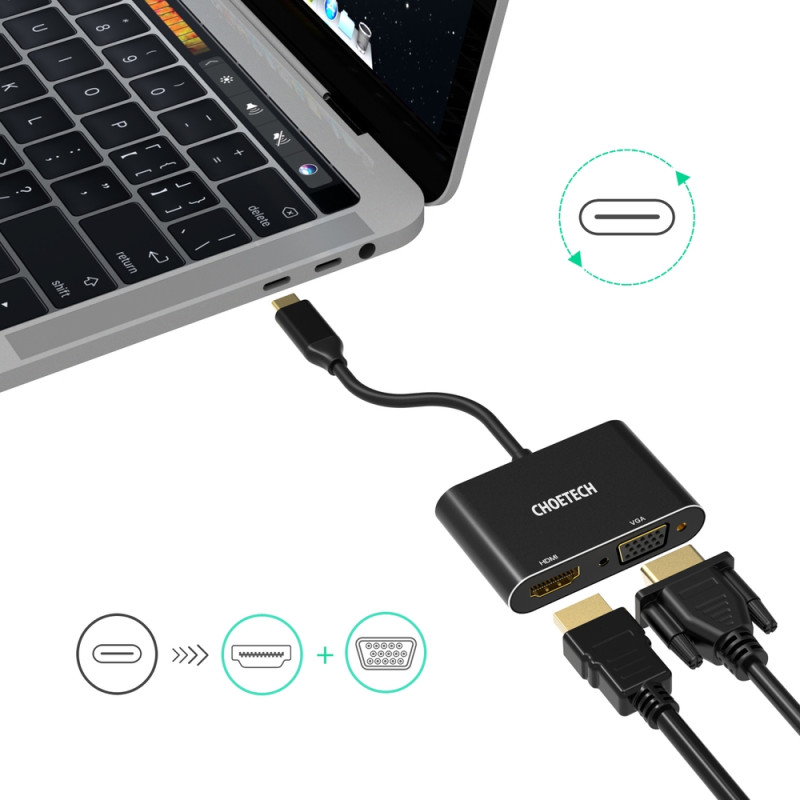Adapterio skirstytuvas USB Type C – HDMI 4K VGA FullHD juoda