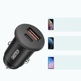 Greitas automobilinis įkroviklis PD USB Type C 30W 5A dviejų prievadų juodos spalvos