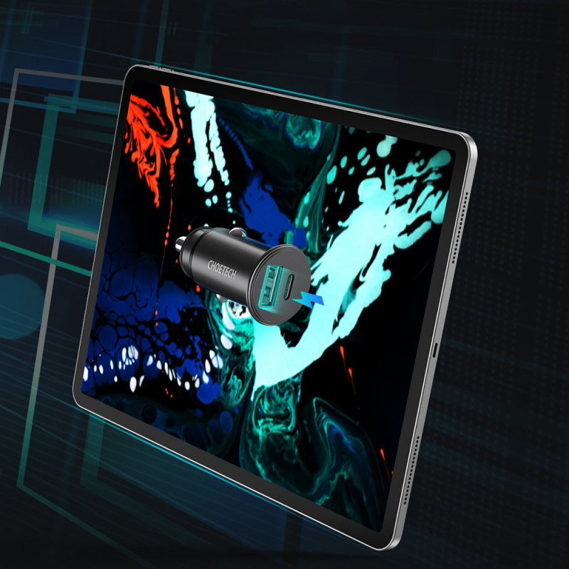 Greitas automobilinis įkroviklis PD USB Type C 30W 5A dviejų prievadų juodos spalvos