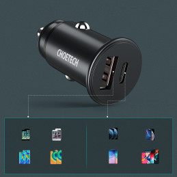 Greitas automobilinis įkroviklis PD USB Type C 30W 5A dviejų prievadų juodos spalvos