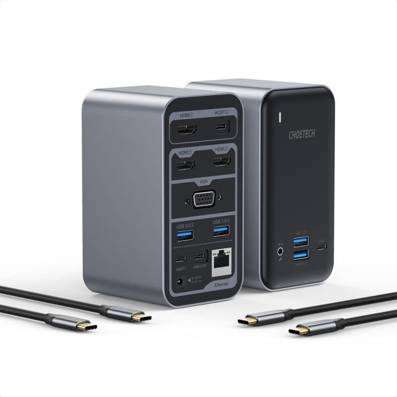 Daugiafunkcis HUB USB Type C PD HDMI 4K VGA RJ45 Mini Jack DC 15in1 pilka Daugiafunkcis HUB USB Type C PD HDMI 4K VGA RJ45 Mini Jack DC 15in1 pilka