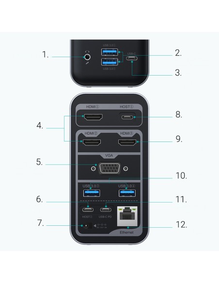 Daugiafunkcis HUB USB Type C PD HDMI 4K VGA RJ45 Mini Jack DC 15in1 pilka Daugiafunkcis HUB USB Type C PD HDMI 4K VGA RJ45 Mini Jack DC 15in1 pilka