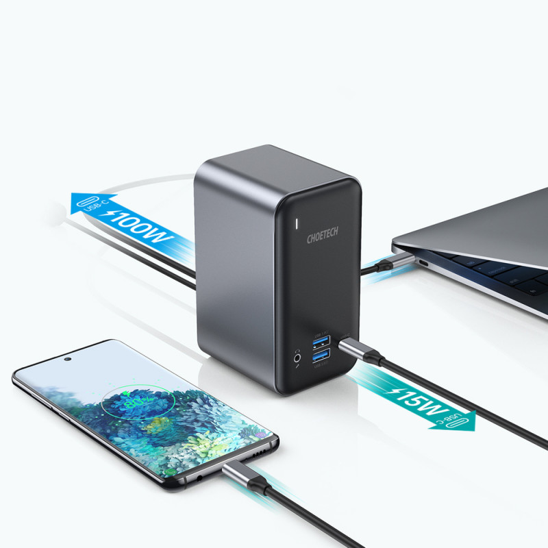 Daugiafunkcis HUB USB Type C PD HDMI 4K VGA RJ45 Mini Jack DC 15in1 pilka