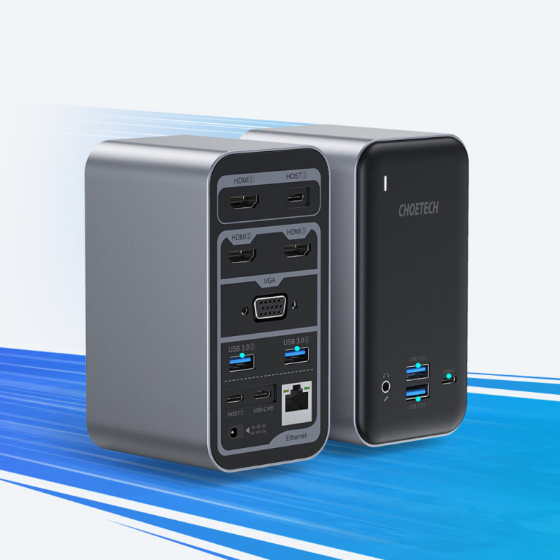 Daugiafunkcis HUB USB Type C PD HDMI 4K VGA RJ45 Mini Jack DC 15in1 pilka